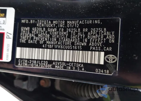 2012 Toyota Camry Se из США, поврежденный, VIN 4T1BF1FK6CU051615